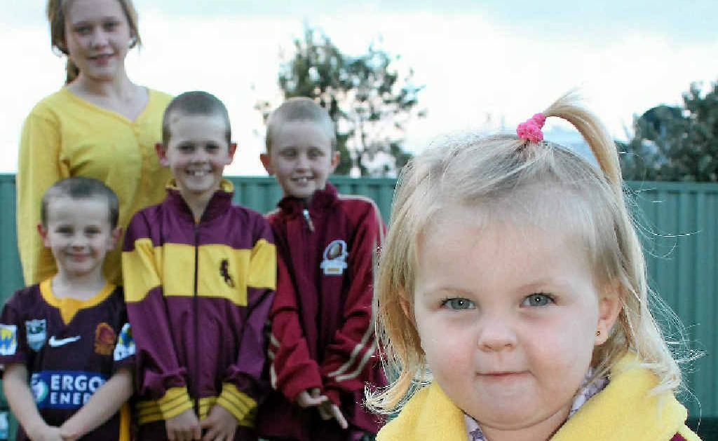 Broncos supporters (back) Toni Costigan, (middle) Kaydon Sparrow, Brady Costigan, Ethan Costigan and (front) Ruby Sparrow are proud Queenslanders. Broncos supporters (back) Toni Costigan, (middle) Kaydon Sparrow, Brady Costigan, Ethan Costigan and (front) Ruby Sparrow are proud Queenslanders.